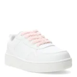 Deportivo blanco con cordones de peluche, diseñado para comodidad y estilo.