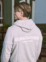 Canguro gris melange con capucha, mangas largas y bolsillo tipo canguro. Estampado en la espalda con la inscripción "Oakwood Nine Zero 90291 LA County".