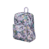 Mochila JanSport Superbreak Plus con estampado de flores pixeladas en tonos pastel y logo de la marca en color lila.