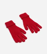 Guantes de punto de cinco dedos, color rojo vibrante, con textura acanalada vertical y puño ancho doblado.