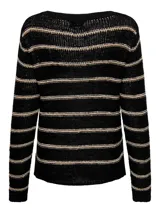 Sweater de punto negro con rayas horizontales color crema, de mangas largas y cuello redondo.