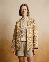 Chaqueta tipo kimono sin cuello, confeccionada en tela estampada con patrón floral en tonos beige y marrón. Presenta un frente abierto con posibilidad de ajuste mediante lazo.