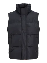 Chaleco acolchado negro sin mangas con cuello alto y cierre de cremallera.