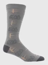 Calcetines grises con diseño de naves X-Wing y logos de Star Wars en color beige.