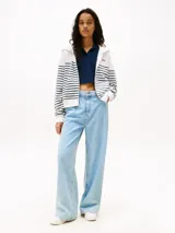 Buzo con capucha Tommy Jeans para mujer, con cierre frontal, diseño a rayas horizontales blancas y azul marino, y logo bordado en el pecho.