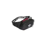 Riñonera Adidas negra con logo blanco estampado en el frente y cierre superior.