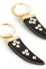 Aros compuestos por argollas doradas de diámetro pequeño y un dije colgante en forma de cuerno fabricado en resina. El dije cuenta con incrustaciones de strass que forman diseños decorativos.