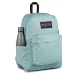 Mochila Jansport Superbreak Plus color celeste con logo rectangular de la marca en el frente.