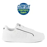 Championes deportivos Joma Agora Men 2301, color blanco con detalles en negro y dorado. Cuentan con tecnología VTS para la transpiración y suela de goma Durability resistente a la fricción.
