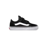 Zapatillas de lona negras con detalles en blanco, diseño clásico con cierre de velcro, ideal para niños.