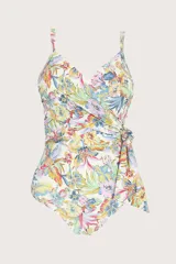 Traje de baño entero estilo Marilyn, con cobertura completa, escote en V, espalda media alta y tirantes ajustables. Diseño cruzado con estampado de flores en tonos celeste, amarillo, rosa y verde.
