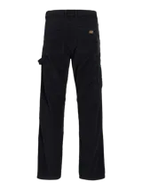 Pantalón de pana negro, corte recto, con bolsillos traseros y frontales, cierre con cremallera y trabilla para martillo.