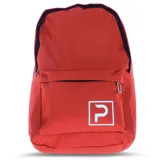 Mochila roja con bolsillo frontal y logo blanco estampado.