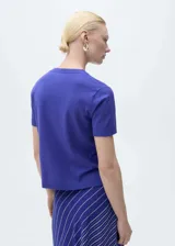 Jersey de punto fino color azul con cuello redondo y mangas cortas.