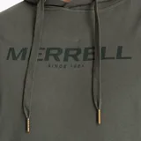 Buzo con capucha color verde militar, marca Merrell, con logo estampado en el pecho y bolsillo tipo canguro.