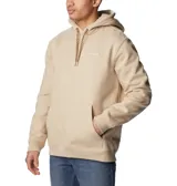 Canguro Columbia de frisa color beige, con capucha ajustable con cordón, bolsillo tipo canguro y logo estampado en el pecho.