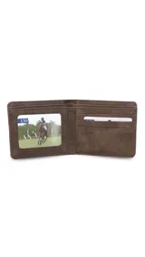 Billetera negra de símil cuero con banda elástica horizontal blanca. Interior con doble compartimento para billetes, visor y tarjeteros.