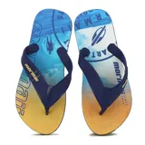 Chanclas de playa Mormaii con base estampada con motivos tropicales en tonos celeste, azul, amarillo y naranja. Tiras de goma azul marino con logo de la marca en amarillo.