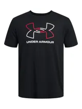 Remera negra de manga corta con logo Under Armour en el pecho, delineado en blanco y rojo.
