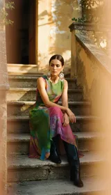 Vestido largo sin mangas, con estampado abstracto en tonos rosas, verdes y dorados, confeccionado en microtul.