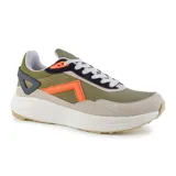 Championes deportivos American Sport Tanner, color blanco con detalles en gris, azul y rojo. Capellada de malla y superposiciones de cuero sintético.