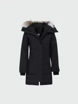 Campera con capucha de abrigo, color negro, con relleno térmico y detalles en piel sintética.
