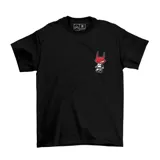 Remera negra de algodón con cuello redondo y estampado de un personaje de caricatura con cabeza de diablo y cuerpo de robot.