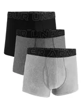 Pack de tres bóxers Under Armour Performance Tech Solid, uno negro y dos grises, con cintura elástica con el logo de la marca.