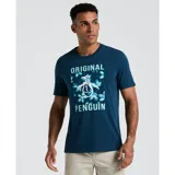 Remera azul marino de manga corta con cuello redondo y estampado frontal con el logo de Original Penguin enmarcado en un diseño floral.