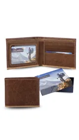 Billetera de cuero lisa color negro con ribete marrón claro. Cuenta con compartimento para billetes, visor transparente y espacio para cinco tarjetas.