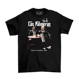 Remera negra de algodón con estampa de Los Palmeras, banda de cumbia santafesina, con el texto "Los Palmeras" y "Santa Fe, Argentina - 1969".