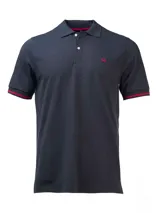 Remera tipo polo color verde agua, de corte clásico, con cuello abotonado y mangas cortas con ribete azul.
