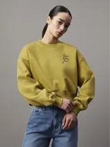 Buzo color verde oliva de corte boxy, con cuello redondo, puños y bajo de canalé. Logo escrito de Calvin Klein Jeans en el pecho.