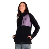 Campera polar de mujer Caterpillar, color negro con detalles en lila. Cuenta con cierre frontal, bolsillo en el pecho con cierre y bolsillos laterales.