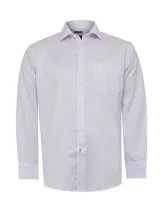 Camisa de vestir a rayas verticales celestes y blancas, de corte regular, con cuello italiano, manga larga y bolsillo en el pecho con logo bordado.