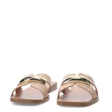 Sandalias Bottero tipo slide de cuero negro, con base plana color marrón y detalle metálico dorado en la tira superior.