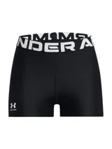 Calza corta de mujer Under Armour, modelo HeatGear Shorty, color azul con logo en la pierna izquierda y cintura elástica con la inscripción Under Armour.
