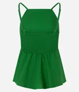 Blusa peplum verde esmeralda de viscolino, con escote cuadrado, breteles finos ajustables y sisa americana.