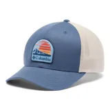 Gorra de béisbol Columbia color beige con paneles traseros de malla azul marino y logo de la marca bordado en el frente.