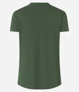 Remera deportiva verde militar de viscosa con escote en V y estampa lateral con la palabra 'Wellbeing'.