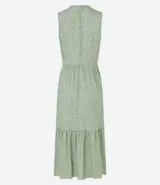 Vestido evasé midi sin mangas confeccionado en viscosa con cuello alto redondo, cierre delantero por gota, recortes fruncidos y estampa de lunares.