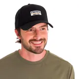 Gorro negro de algodón con parche bordado con el logo de A Tractor Co. en el frente. Tiene visera curva y correa ajustable en la parte posterior.
