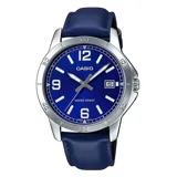Reloj Casio con correa de cuero azul, esfera azul de 42mm y caja plateada.