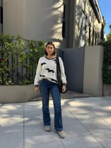 Sweater tejido color crema con cuello y puños acanalados en color naranja. Presenta un diseño bordado de un perro salchicha negro con un moño naranja.