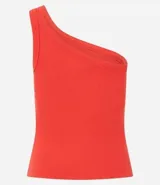 Blusa de rib color marrón, con escote asimétrico de un solo hombro y doble asa.