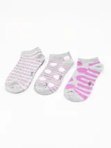 Pack de tres pares de soquetes tobilleros, uno negro liso y dos con estampado animal print en tonos rosa y negro, con puntera y talón en gris.