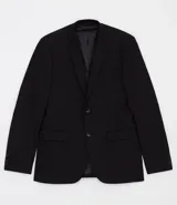 Blazer de vestir negro, corte slim fit, marca Preston Field, confeccionado en tejido poliviscose (80% poliéster, 20% viscosa).