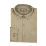 Camisa amarilla de algodón orgánico, manga larga con botones de madera, cuello italiano, calce regular, bolsillo de pecho con logo bordado.