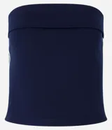 Blusa cropped sin breteles color azul marino con canesú al frente y rayas blancas en los laterales.