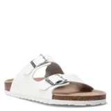 Sandalias blancas con dos tiras ajustables con hebilla metálica, plantilla de corcho y suela blanca.